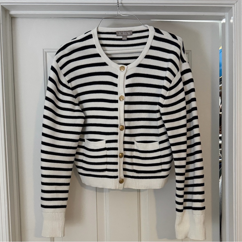 J. Crew Emilie Black and White Striped Button-Front Cardigan